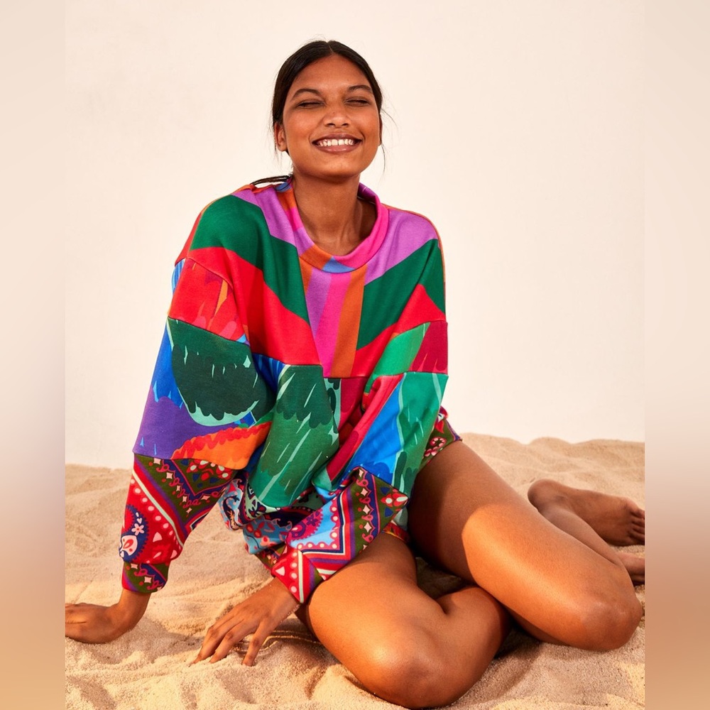 FARM Rio Vibrant Multicolor Graphic Crewneck Sweater in Pink, Green, Red, Blue